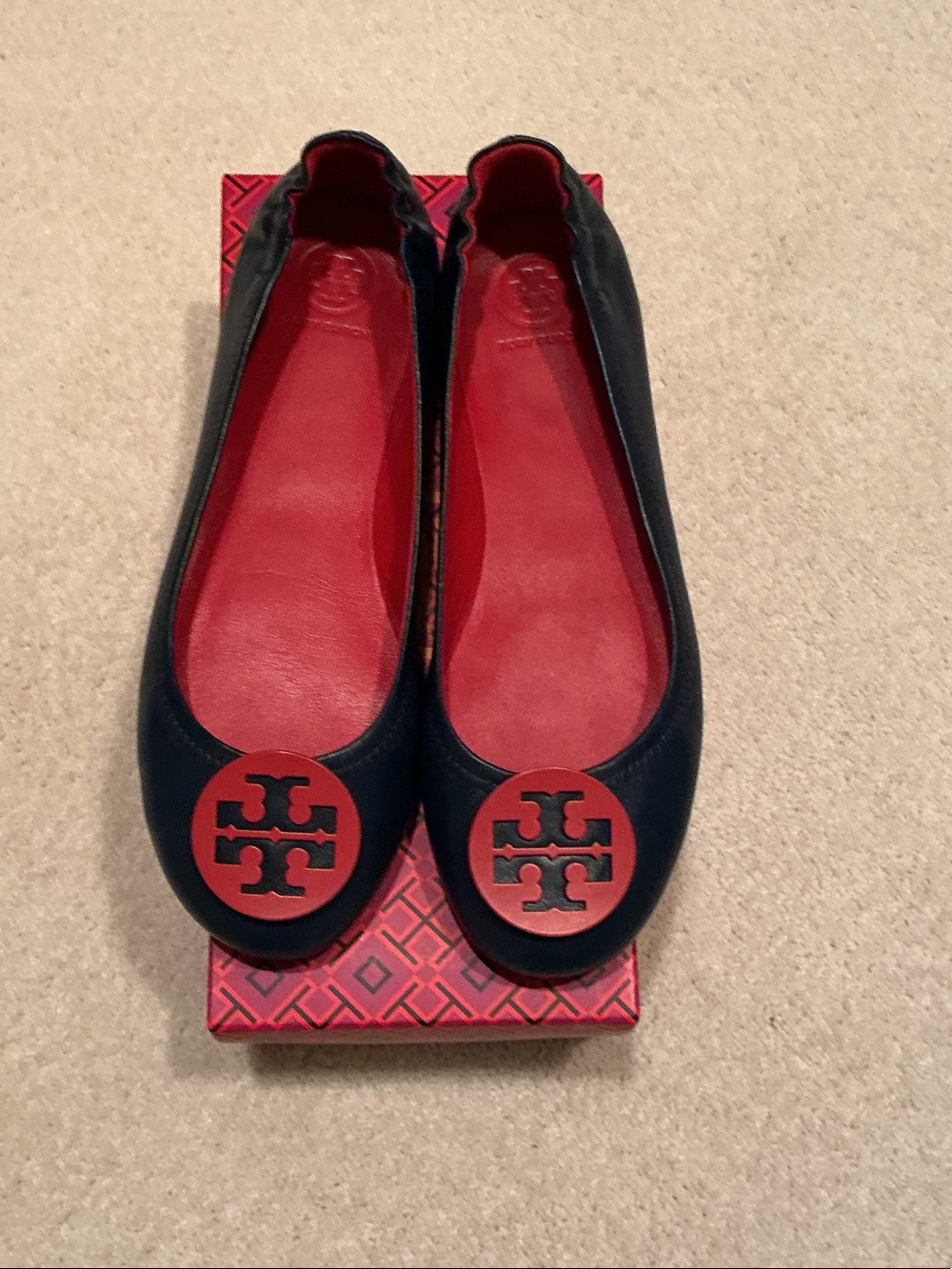 Tory Burch Navy Leather Ballet Flats with Red Insole and Logo